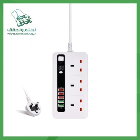 توصيلة كهربائية ذكية 3 متر بمؤقت تشغيل و5 منافذ USB تدعم الشحن السريع لون أبيض