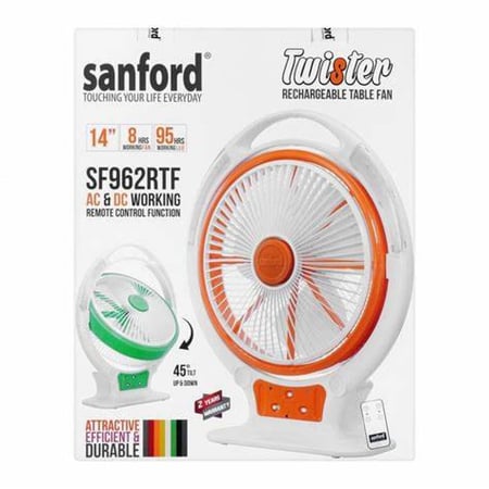 مروحة طاولة قابلة لإعادة الشحن مع جهاز تحكم عن بعد مقاس 14 بوصة لون ابيض - SANFORD TWISTER RECHARGEABLE TABLE FAN WITH REMOTE 14INCH ,4LED, AC AND DC,8H WORKING FAN ,95H WORKING LED , ( WHITE) -SF962RTF