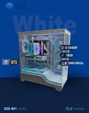 تجميعة ألعاب بيضاء بمعالج i5-14400F وكرت RTX 5060 مع إضاءة RGB أنيقة