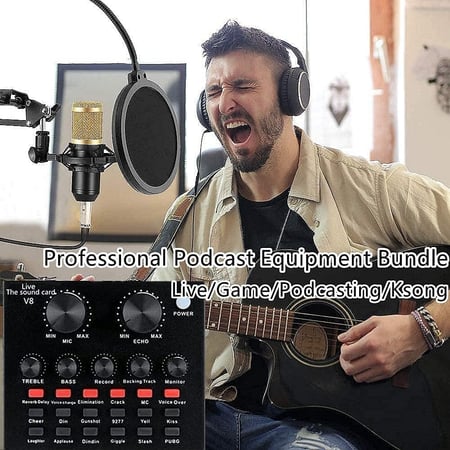 زيريفام | مجموعة معدات بودكاست | ميكروفون BM-800 مع بطاقة صوت مباشر V8، ميكروفون العاب كمبيوتر مكثف مع مولف صوت احترافي، مثالي للبث والكمبيوتر والانشاد واليوتيوب والتسجيل (ذهبي فاتح)