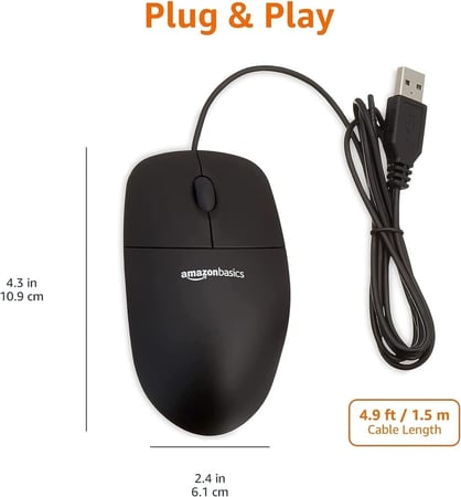 امازون بيسكس | ماوس كمبيوتر سلكي بمنفذ USB بـ3 ازرار، مفرد، اسود Amazonbasics | USB Mouse