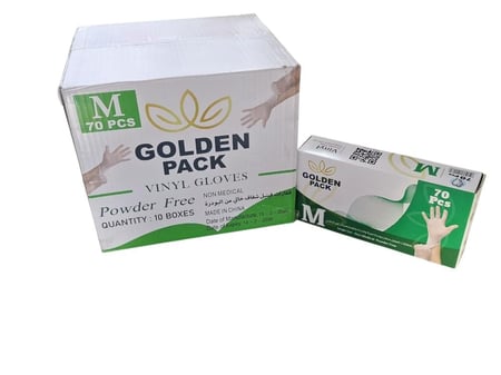 قولدن باك | كرتون قفازات فينيل بلاستيك بدون بودر غير طبي وسط شفاف 70 حبة 10 علبة