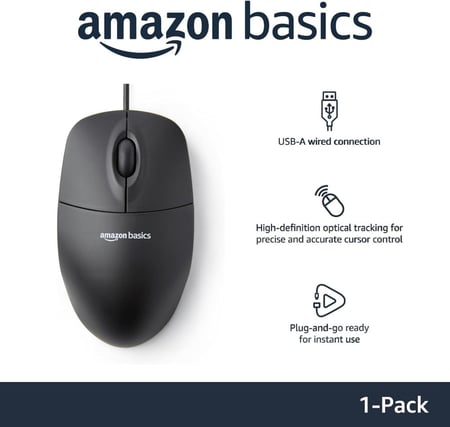 امازون بيسكس | ماوس كمبيوتر سلكي بمنفذ USB بـ3 ازرار، مفرد، اسود Amazonbasics | USB Mouse
