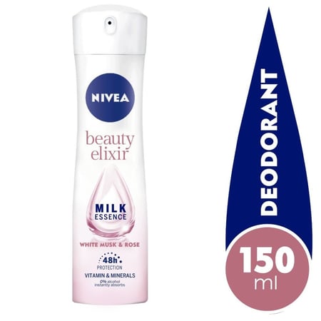 نيفيا | إكسير الجمال، مزيل عرق برائحة المسك والورد NIVEA | Beauty Elixir, Deodorant, Spray, 48 Hour Protection, White Musk & Rose - 150 Ml
