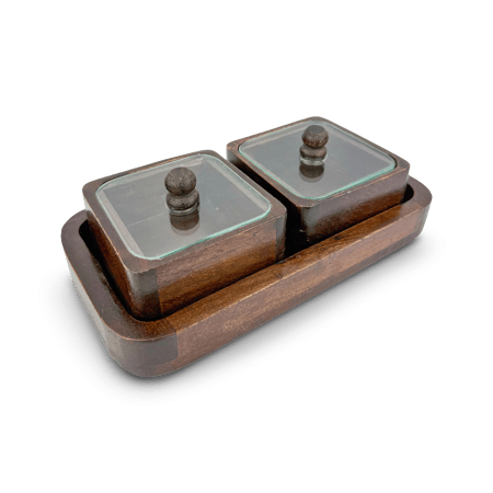 طقم  مع 2 علب خشبية بغطاء شفاف بني غامق