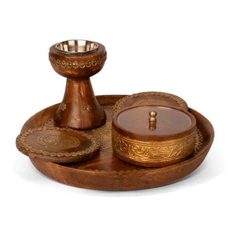 طقم مباخر خشبي صينية دائري لون  بيج