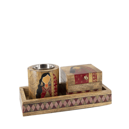 طقم مبخرة خشبية هندية - أحمر وذهبي