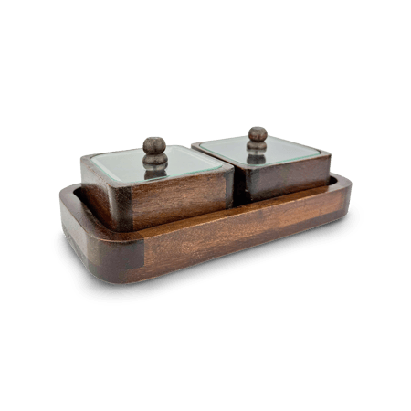 طقم  مع 2 علب خشبية بغطاء شفاف بني غامق