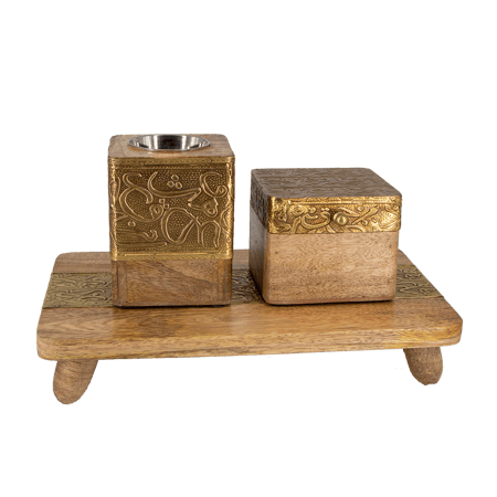 طقم مبخرة خشبية بقاعدة مسطّحة - ذهبي