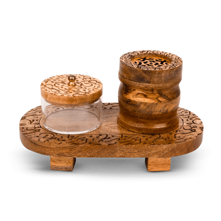 طقم مباخرة خشبي بني فاتح شكل بيضوي مع صندوق  شفاف مدور بغطاء