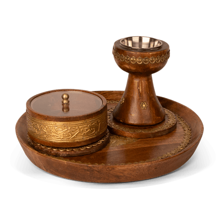 طقم مباخر خشبي صينية دائري لون  بيج