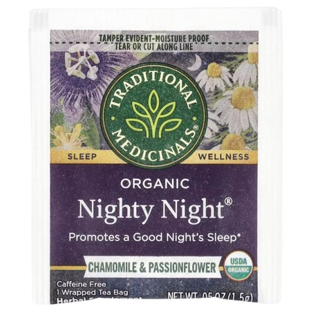 تراديشيونال ميديسينالز‏, Nighty Night العضوي، بنكهة البابونج وزهرة الآلام العاطفة، خالٍ من الكافيين، 16 كيس شاي مغلّف