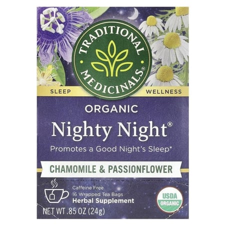 تراديشيونال ميديسينالز‏, Nighty Night العضوي، بنكهة البابونج وزهرة الآلام العاطفة، خالٍ من الكافيين، 16 كيس شاي مغلّف