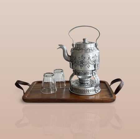 ابريق شاي  كابي مع سخان نقش ورد معتق