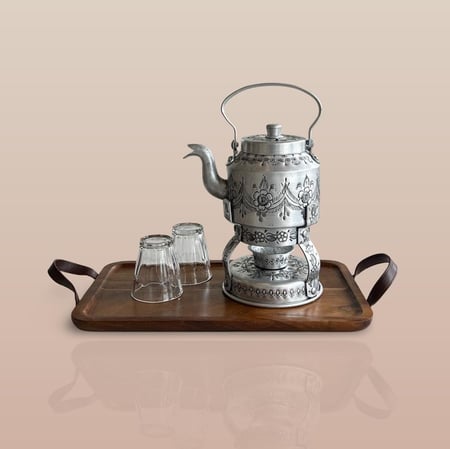 ابريق شاي  كابي مع سخان نقش ورد معتق