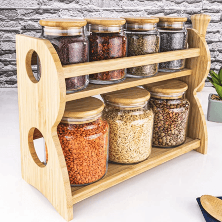 مجموعة علب بهارات زجاج بغطاء خشب مع استند خشبي