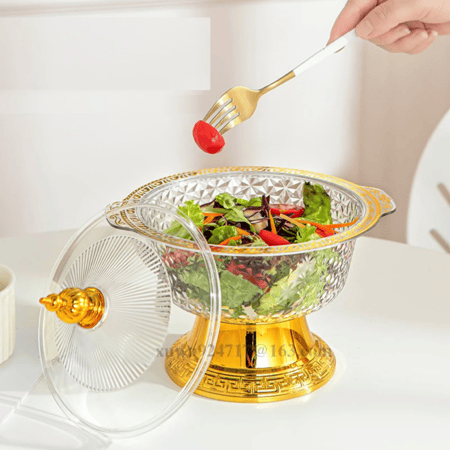 حافظة تقديم كريستال بغطاء وقاعدة ذهبية