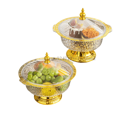 حافظة تقديم كريستال بغطاء وقاعدة ذهبية