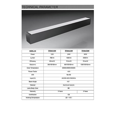 كشاف مسطرة قابلة للتوصيل معلقة او لطش مقاس 60 سم غطاء اسود 24 واط
