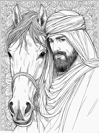 لوحة تلوين لفارس عربي مع خيله – عمل خطي قابل للطباعة Arab Warrior and Horse Close-Up Coloring Page – Printable Line Art