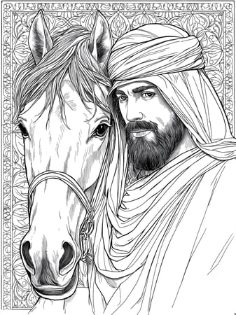لوحة تلوين لفارس عربي مع خيله – عمل خطي قابل للطباعة Arab Warrior and Horse Close-Up Coloring Page – Printable Line Art