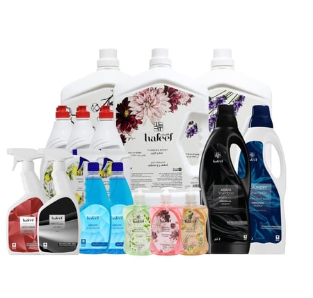 باقة المنظفات المتكاملة من هفيف تشمل 15 عبوة تنظيف منزلية