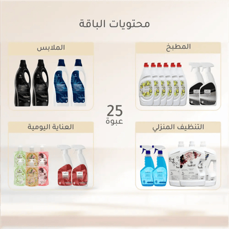 محتويات باقة منظفات هفيف 25 عبوة صابون الصحون وشامبو عباية ومنظف شامل