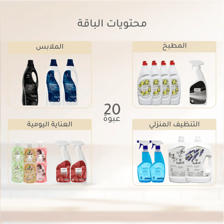 محتويات باقة تنظيف هفيف 20 عبوة من صابون وشامبو وشامل ومطهرات ويدين