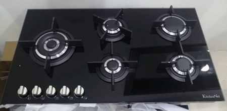 سطح سيراميك كتشن نت، 5 عيون، 90 سم، ثلاثية الشعلة، مفاتيح أمامية