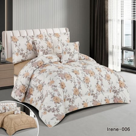 طقم مفروش نفرين من هورس لحاف قماش ناعم وجهين بنقشة الزهور 6 قطع مقاس كنج Irene-006