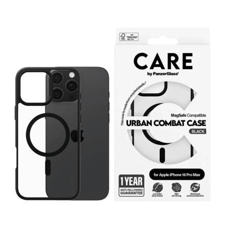 بانزر جلاس-كفر حماية ايفون 16 برو ماكس CARE يدعم تقنية الماج سيف - شفاف إطار أسود