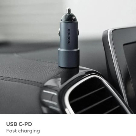 موماكس- شاحن سيارة UC15E بمنفذ PD 20 واط ومنفذ USB ومجموع القوة 38 واط - رمادي