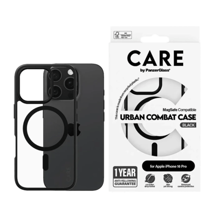 بانزر جلاس-كفر حماية ايفون 16 برو CARE يدعم تقنية الماج سيف - شفاف إطار أسود