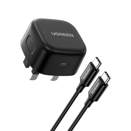 يوجرين -شاحن جداري بمنفذ USB-C بقوة 25 واط مع سلك USB-C بطول 2 م - أسود