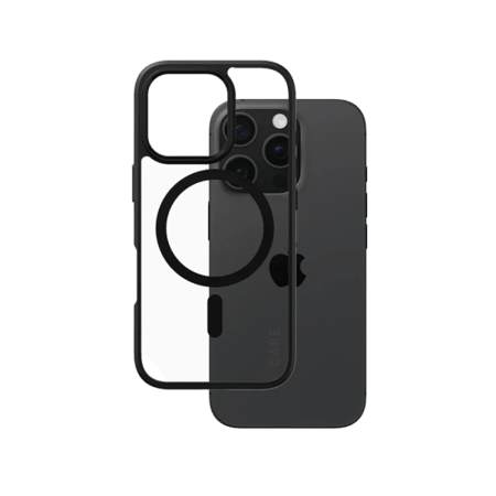 بانزر جلاس-كفر حماية ايفون 16 برو CARE يدعم تقنية الماج سيف - شفاف إطار أسود