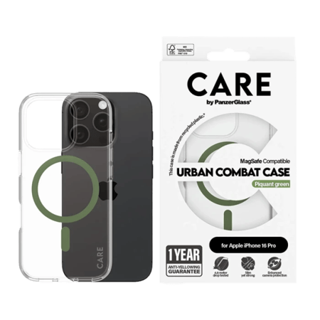 بانزر جلاس-كفر حماية ايفون 16 برو CARE مع حامل و يدعم تقنية الماج سيف - شفاف أخضر
