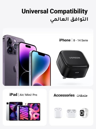 يوجرين - شاحن جداري بمنفذ USB-C وبقوة 20 واط مع سلك شاحن ايفون إلى USB-C -اسود