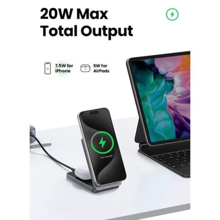 يوجرين - شاحن لاسلكي 2 في 1 بمنصتين شحن وقابل للطي - رمادي