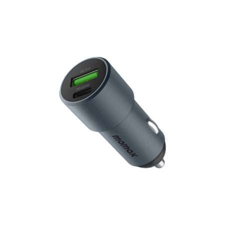 موماكس- شاحن سيارة UC15E بمنفذ PD 20 واط ومنفذ USB ومجموع القوة 38 واط - رمادي