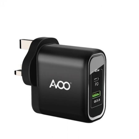 أفو | شاحن جداري بقوة 45 واط بمنفذين بتقنية PD وUSB وميزة التعرف التلقائي