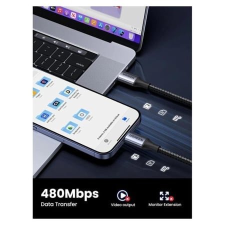 يوجرين -سلك شاحن سريع من USB-C إلى USB-C مظفر بطول 2 م وبقوة 240 واط - أسود
