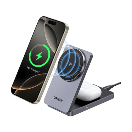 يوجرين - شاحن لاسلكي 2 في 1 بمنصتين شحن وقابل للطي - رمادي