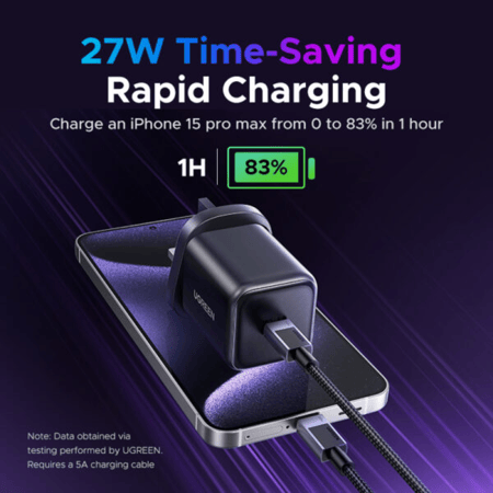 يوجرين - شاحن جداري نيكسود بتقنية GaN بمنفذPd وبقوة 45 واط - رمادي