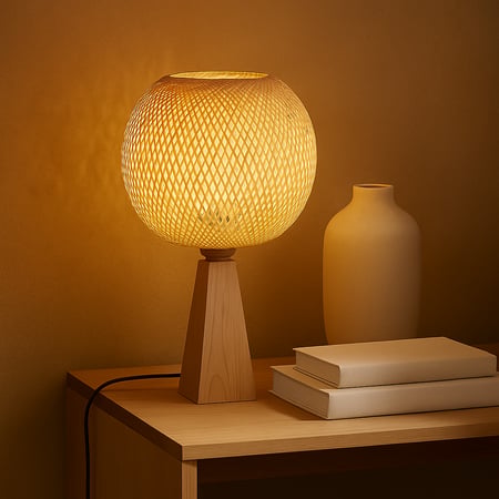 أباجورة طاولة خيزران بقاعدة خشبية هندسية | Bamboo Glow | توهج الخيزران