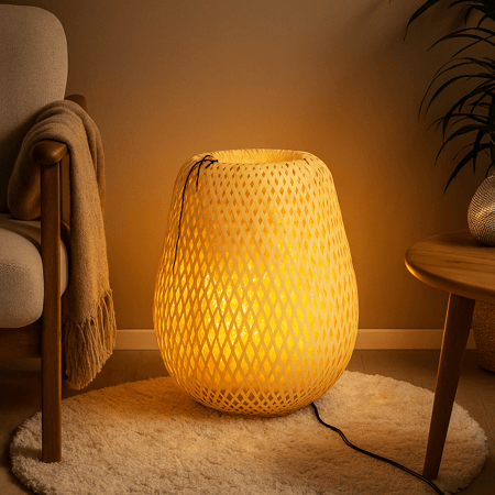 غطاء إنارة معلق خيزران طبيعي – تصميم شبكي دافئ