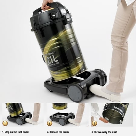 مكنسة كهربائية باناسونيك برميل قابل للفصل، 2200 واط، السعة: 21 لتر، مع خاصية إعادة تدوير السلك تلقائيًّا، مزود بفتحتين