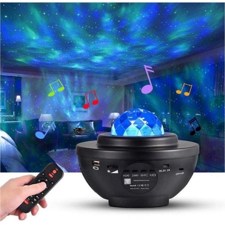 جهاز عرض الضوء الليلي المرصع بالنجوم باضاءة ليد، جهاز عرض 2 في 1 ضوء مرصع بالنجوم وموجات المحيط مع وحدة تحكم عن بعد مع 10 الوان ومشغل موسيقى قابلة للتغيير، يعمل بالبلوتوث، قابل للتعتيم،