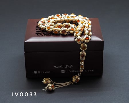 قوافل سبحة من عاج الطبيعي مشغول بالفضة و الكهرمان IV0033 صندوق