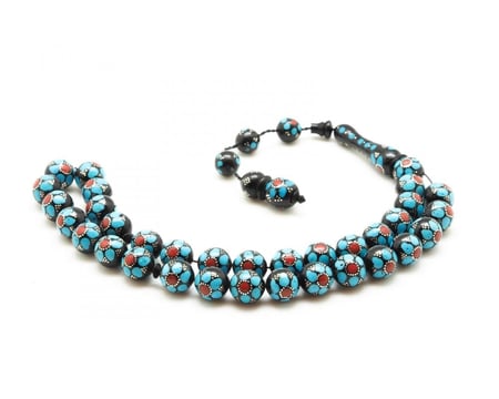 قوافل سبحة خشب كوك مشغول بالفضة والفيروز و مرجان KW0050