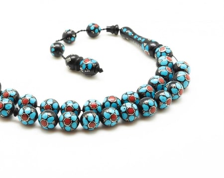 قوافل سبحة خشب كوك مشغول بالفضة والفيروز و مرجان KW0050